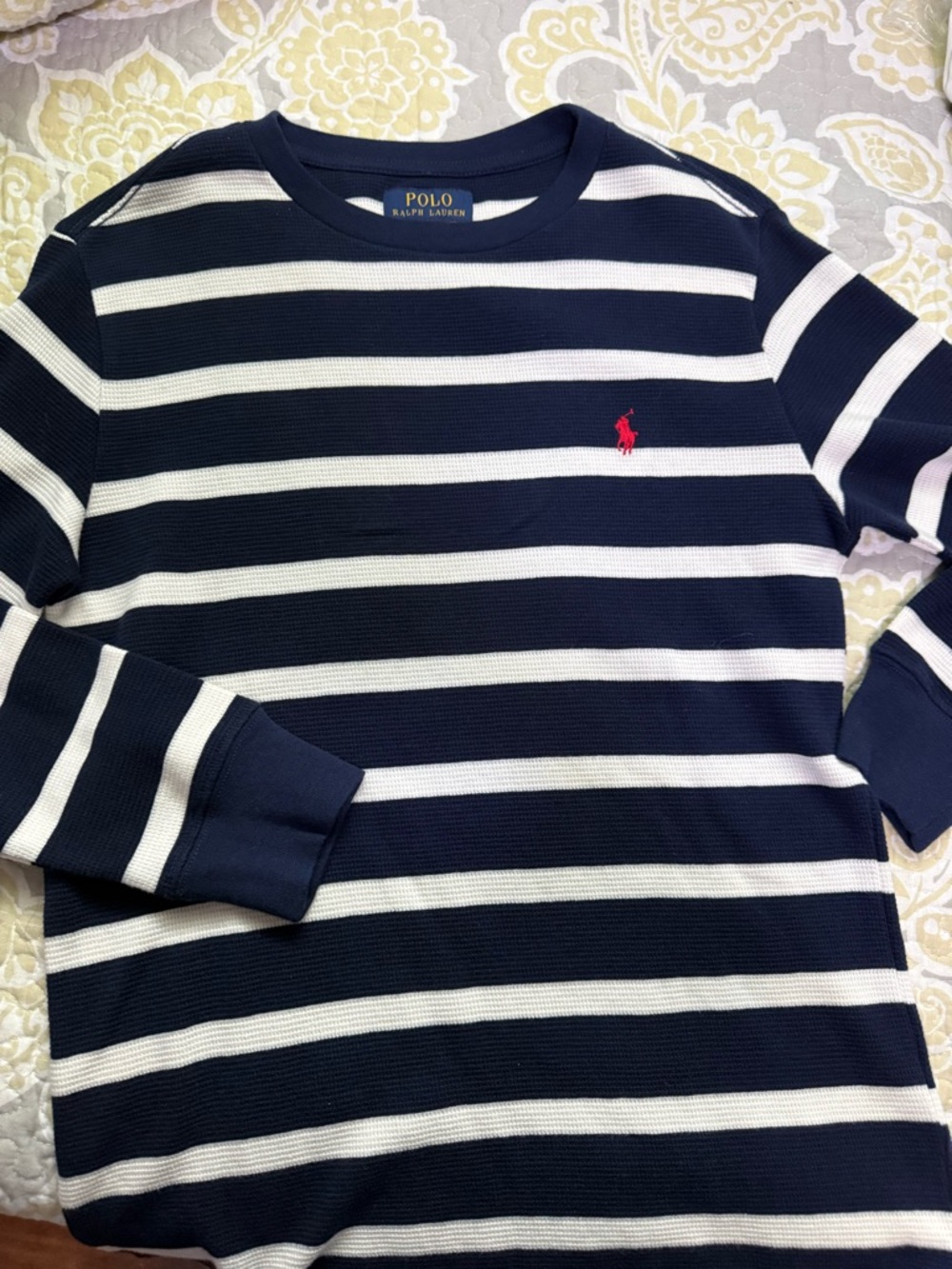 Polo by Ralph Lauren Navy and White Striped Crewneck with Yellow Logo